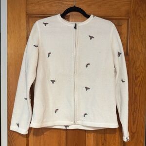 Vintage Croft & Barrow White Fleece Fall Holiday Jacket with Holly Embroidery